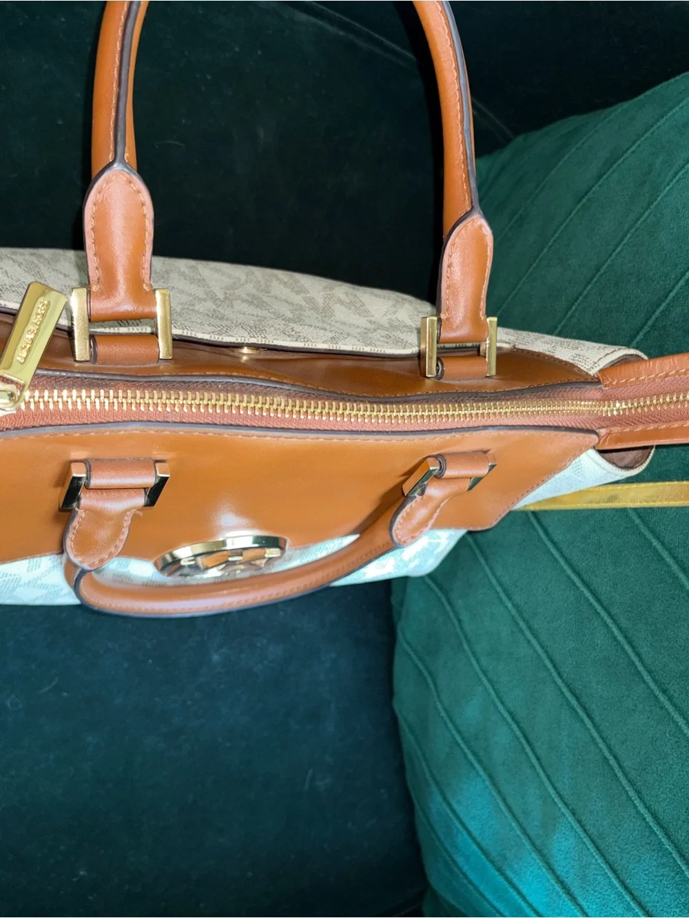 Michael Kors Hudson Satchel & Crossbody in Cream Logo with Brown Leather Trim